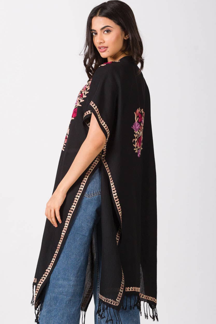 Taisha Embroidered Caftan: Black with Rose & Lilac