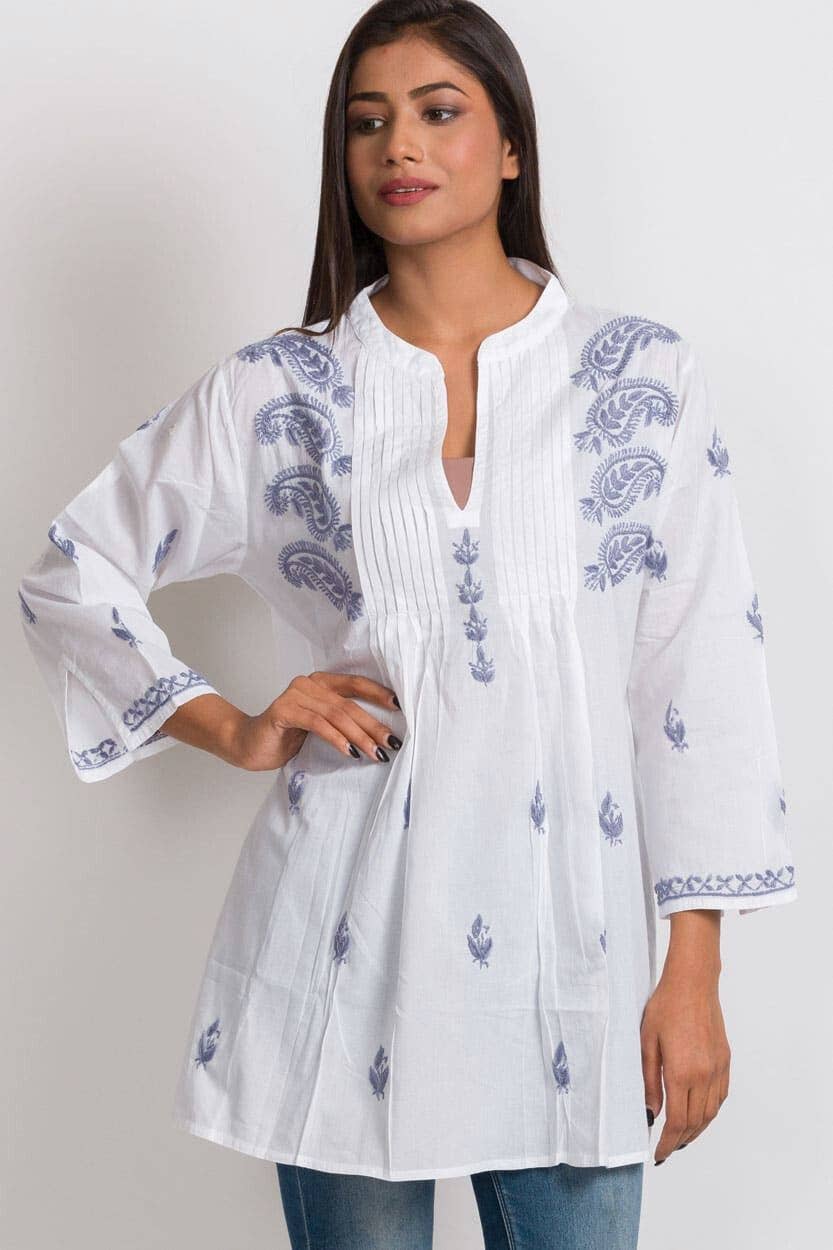 Kamalika Hand Embroidered Tunics - white/navy