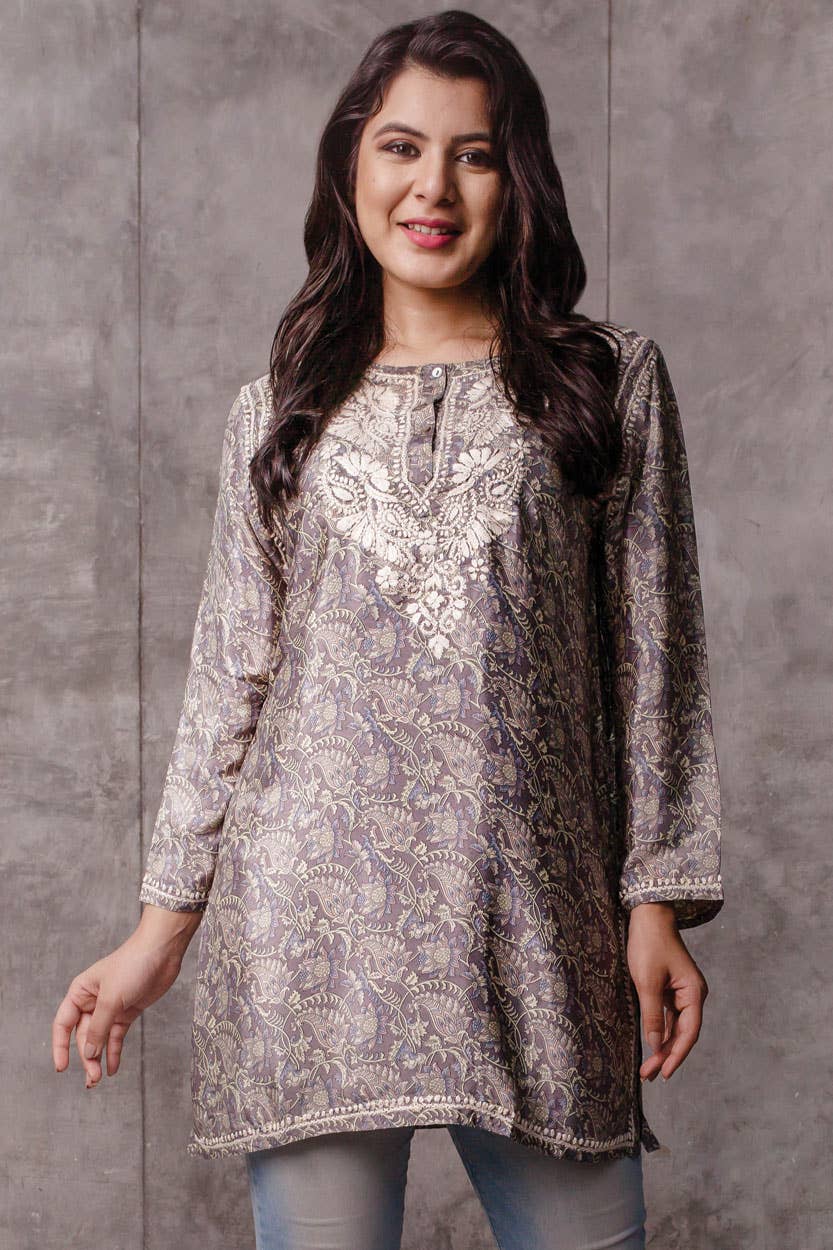 Deena Embroidered Tunic: Steel Blue Multi / XL