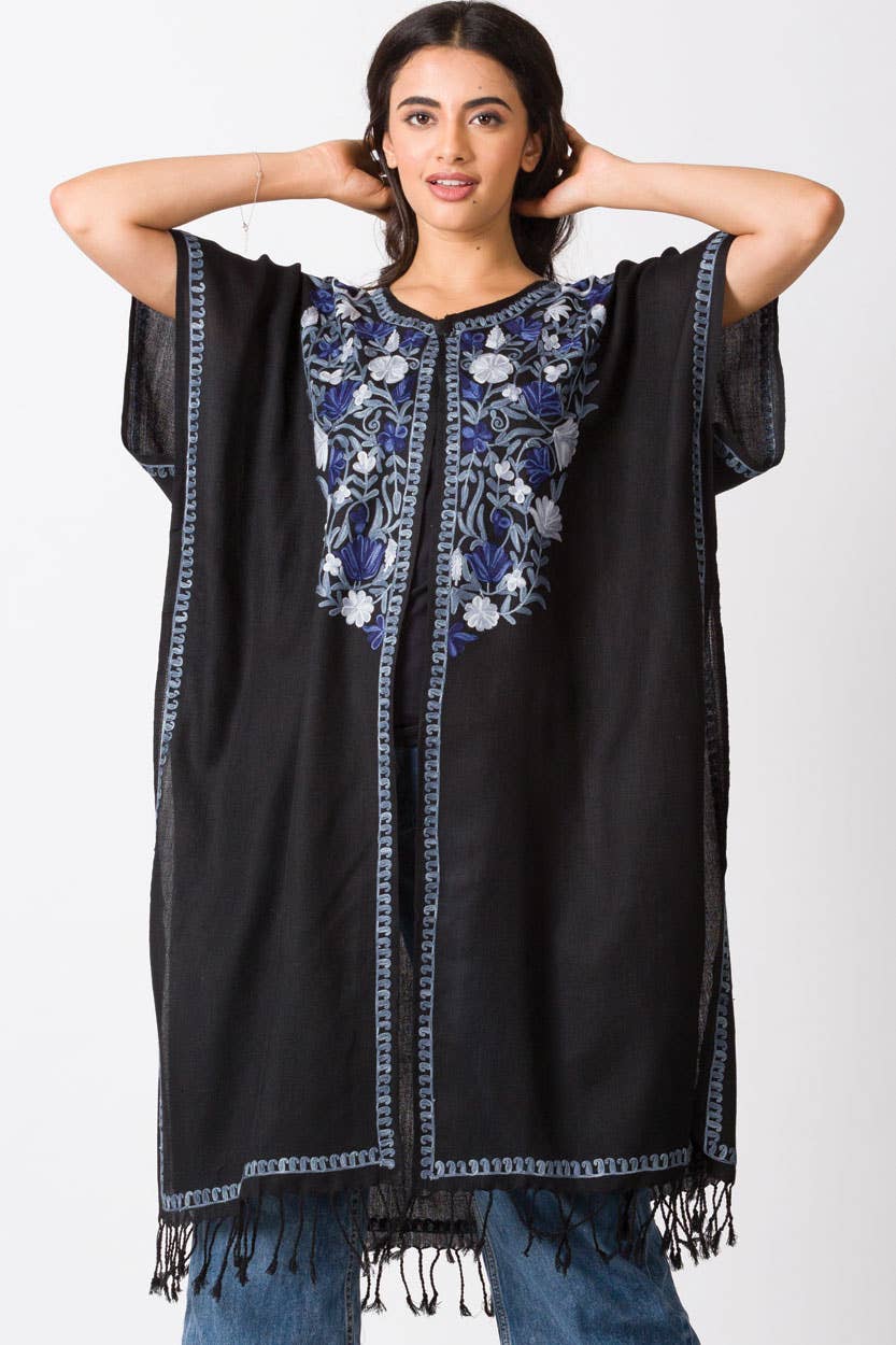 Taisha Embroidered Caftan: Black with Rose & Lilac