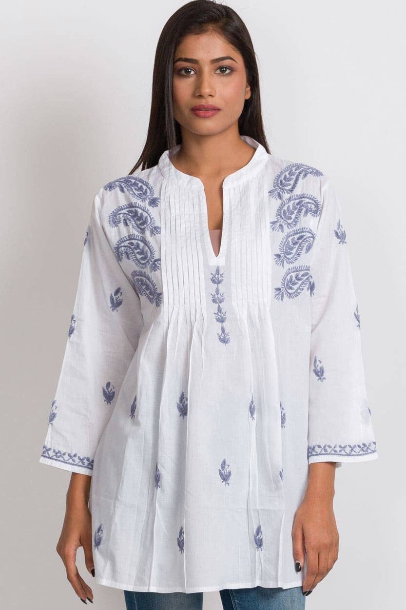 Kamalika Hand Embroidered Tunics - white/navy
