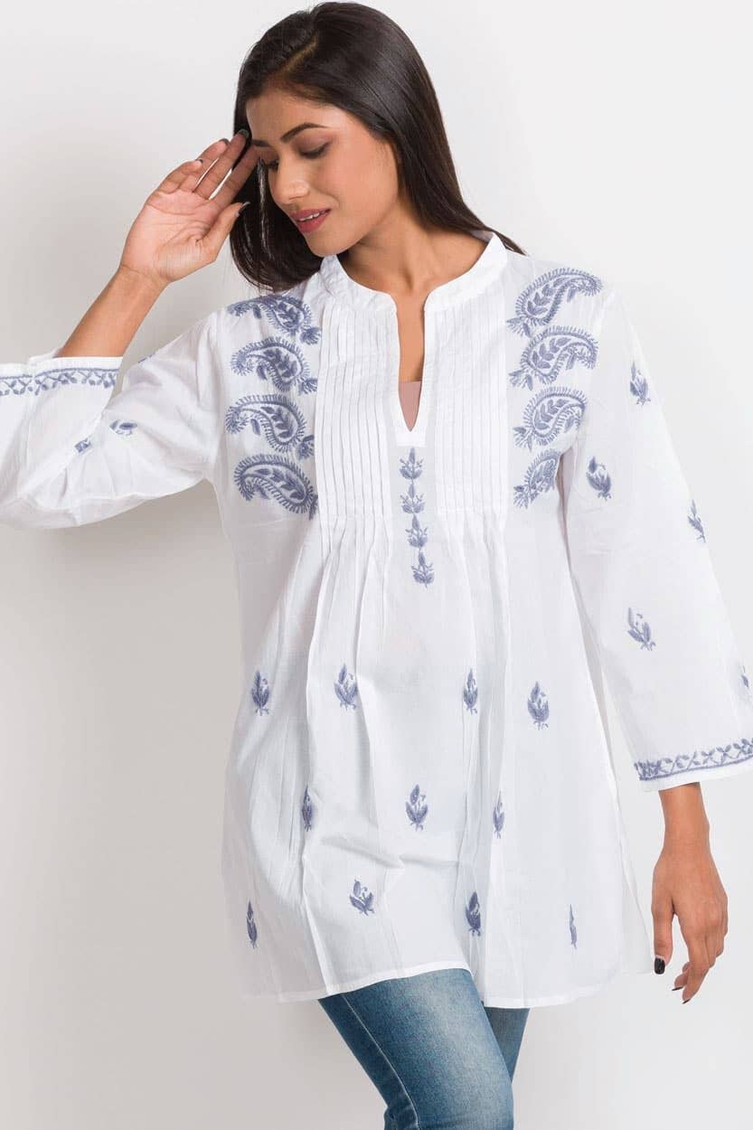 Kamalika Hand Embroidered Tunics - white/navy