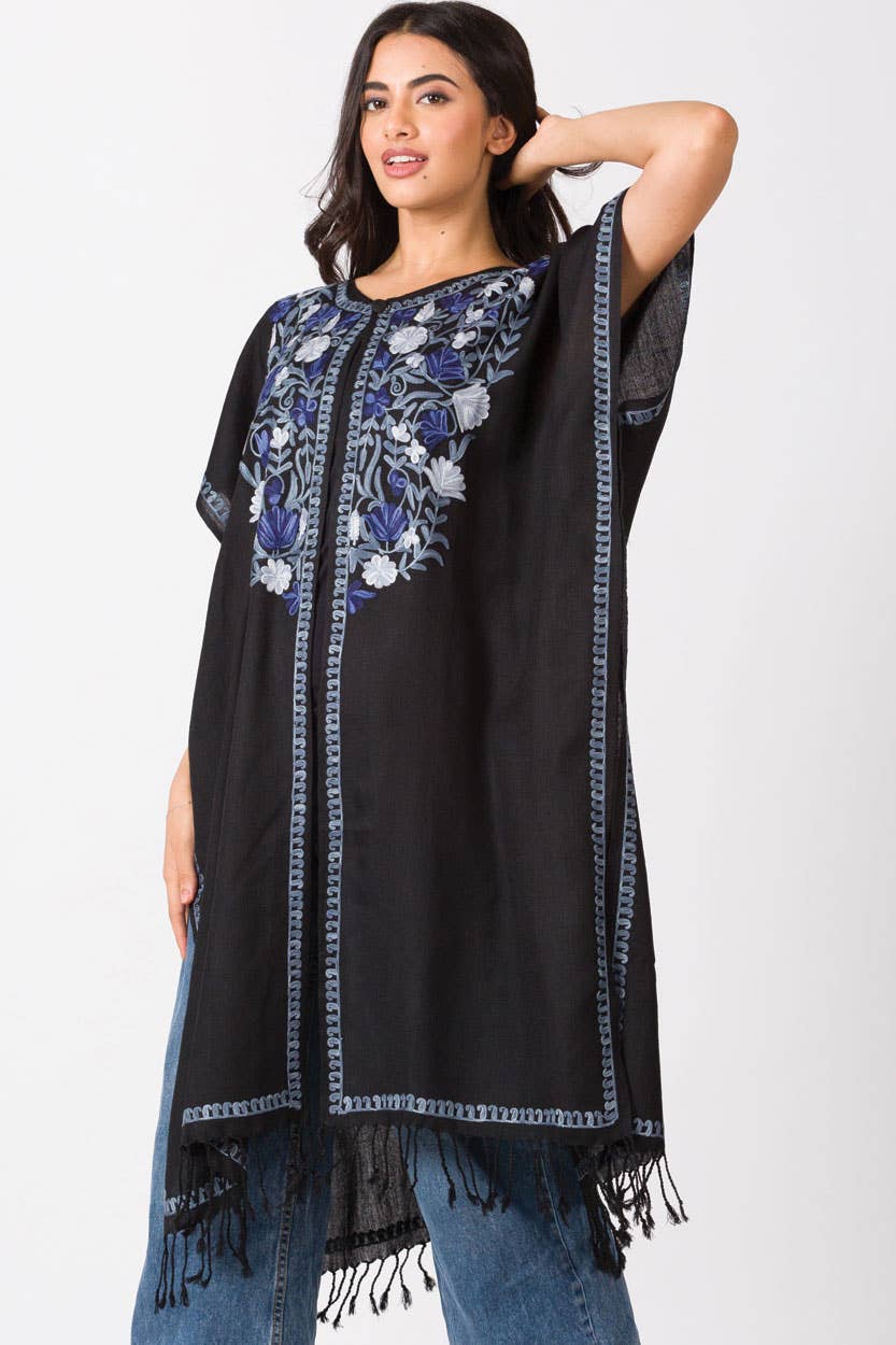 Taisha Embroidered Caftan: Black with Rose & Lilac