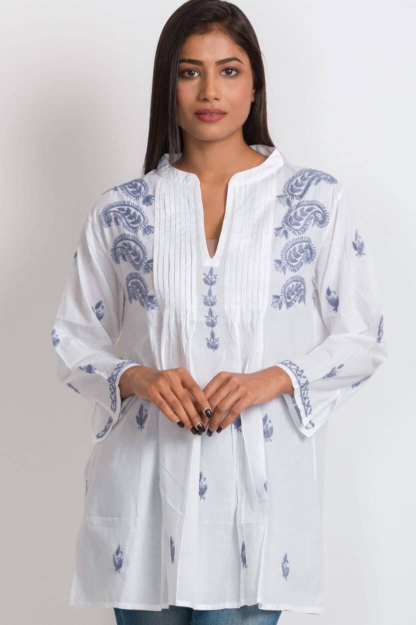 Kamalika Hand Embroidered Tunics - white/navy