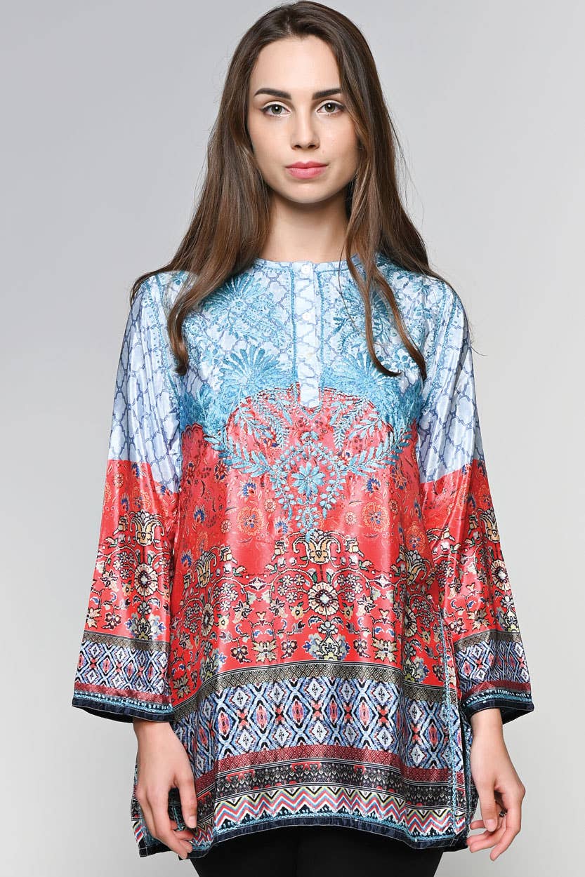 Deena Embroidered Tunic: Steel Blue Multi / XL
