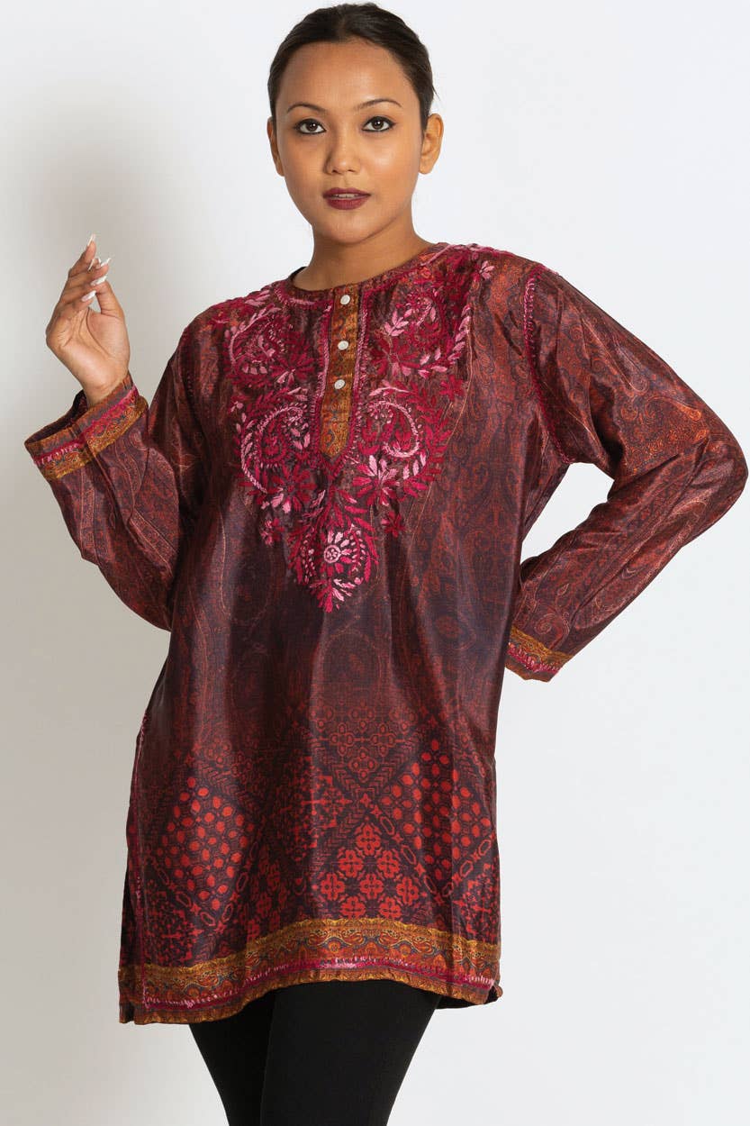 Deena Embroidered Tunic: Aqua & Melon / XL