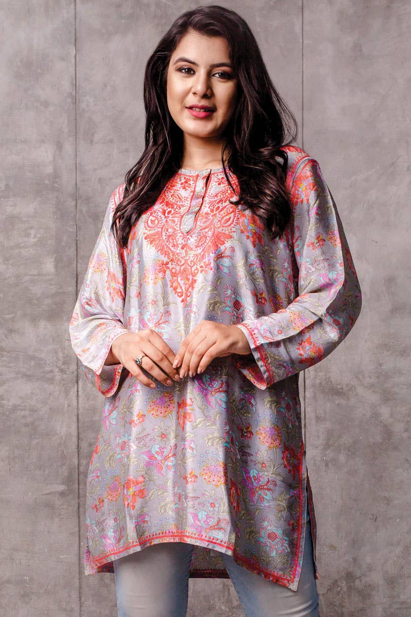 Deena Embroidered Tunic: Aqua & Melon / XL