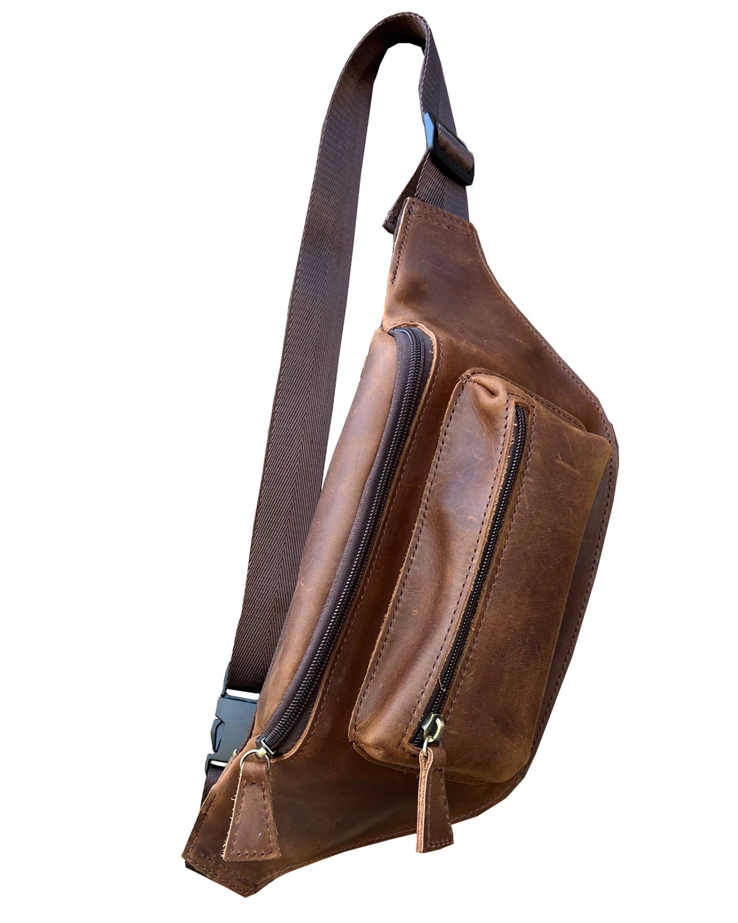 W021 crazy horse genuine leather fanny pack sling bag: Light Brown