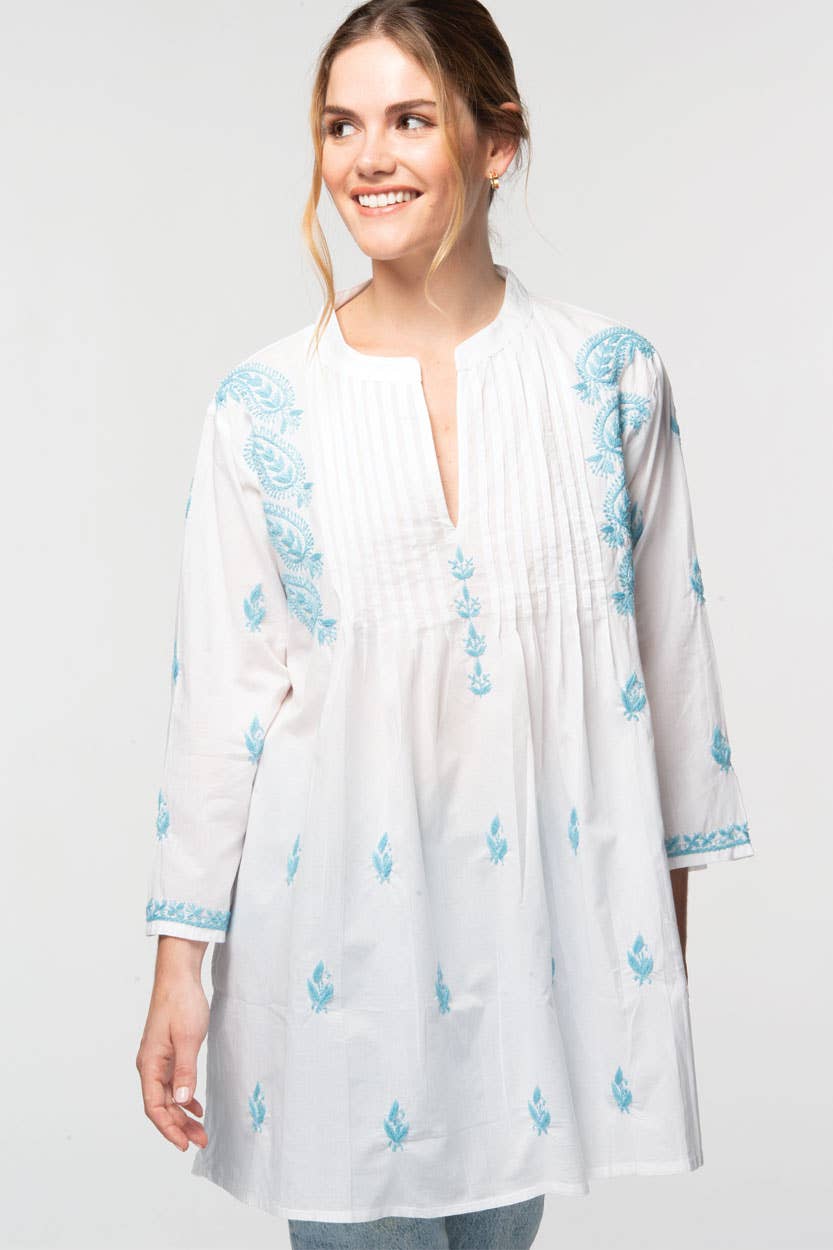 Kamalika Hand Embroidered Tunics - white/navy