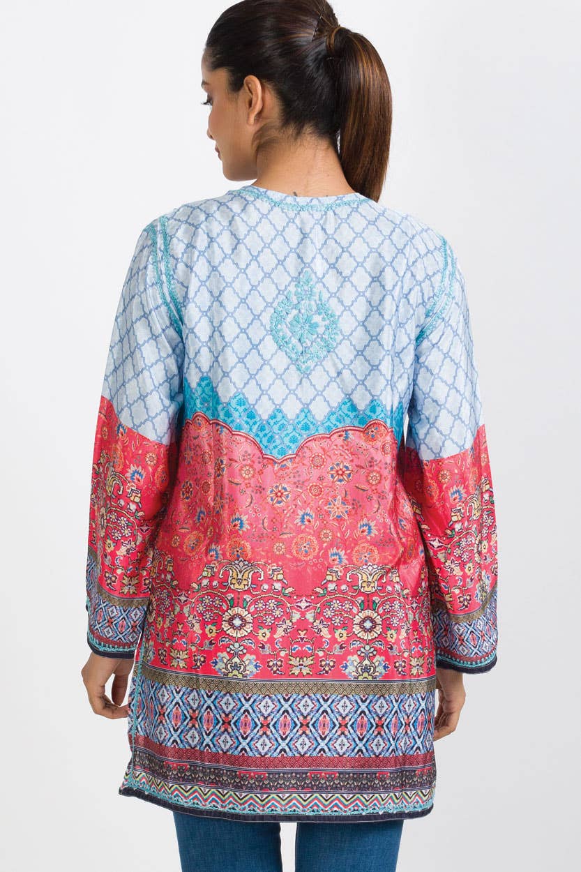Deena Embroidered Tunic: Steel Blue Multi / XL