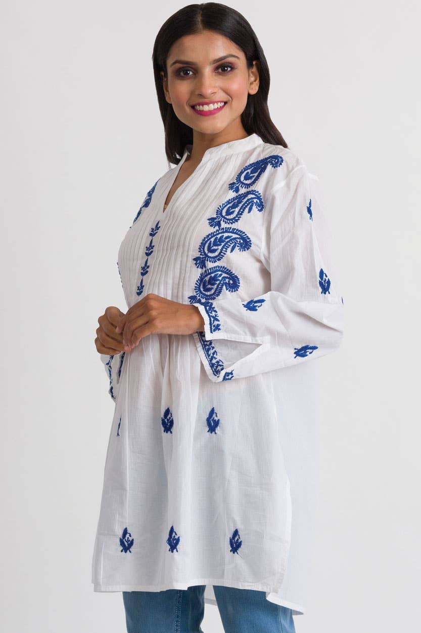 Kamalika Hand Embroidered Tunics - white/navy