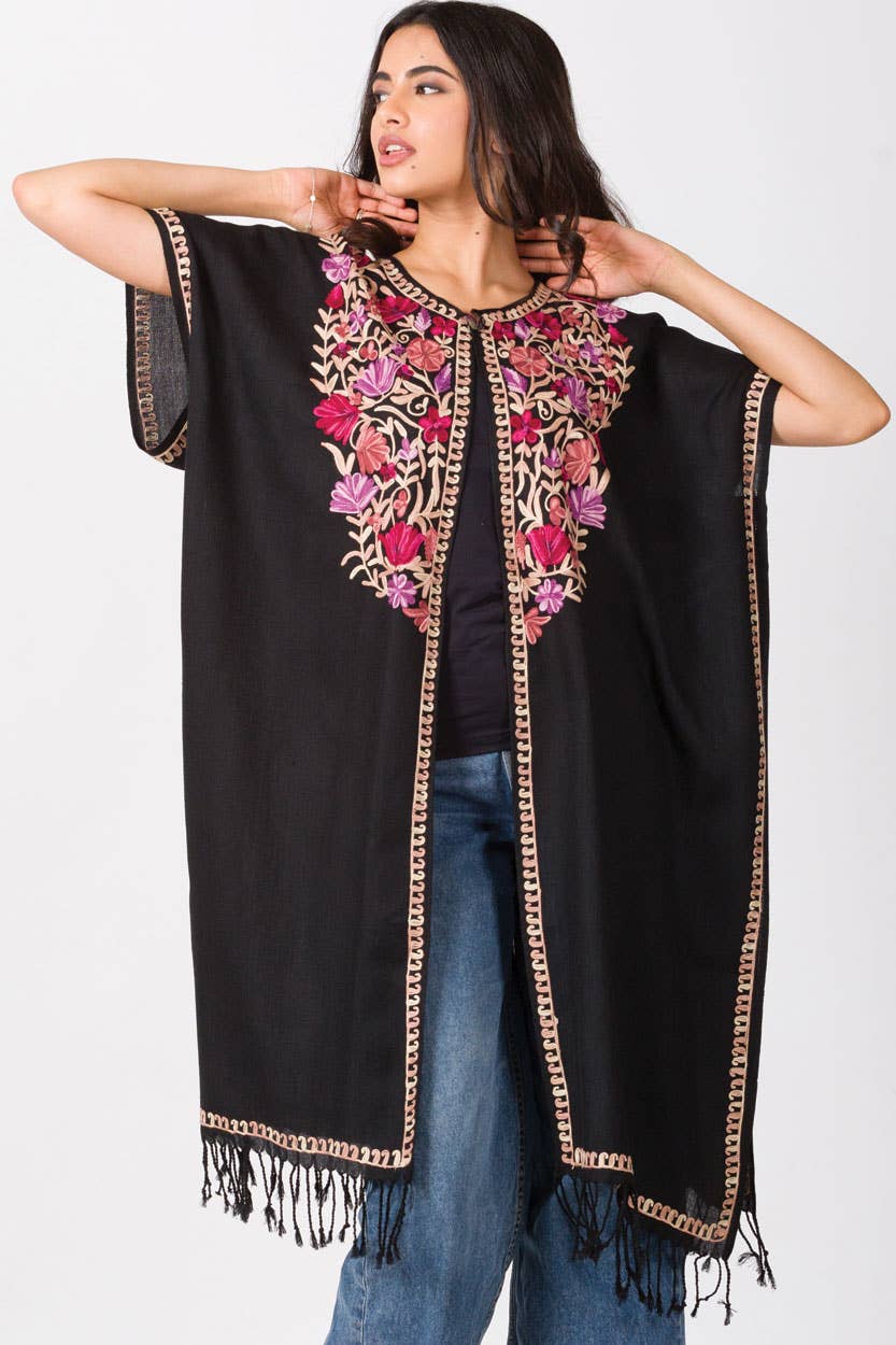 Taisha Embroidered Caftan: Black with Rose & Lilac