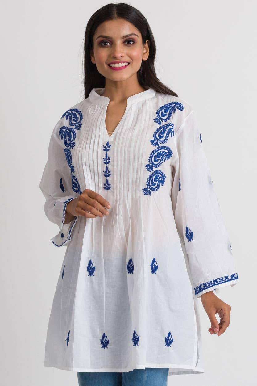 Kamalika Hand Embroidered Tunics - white/navy