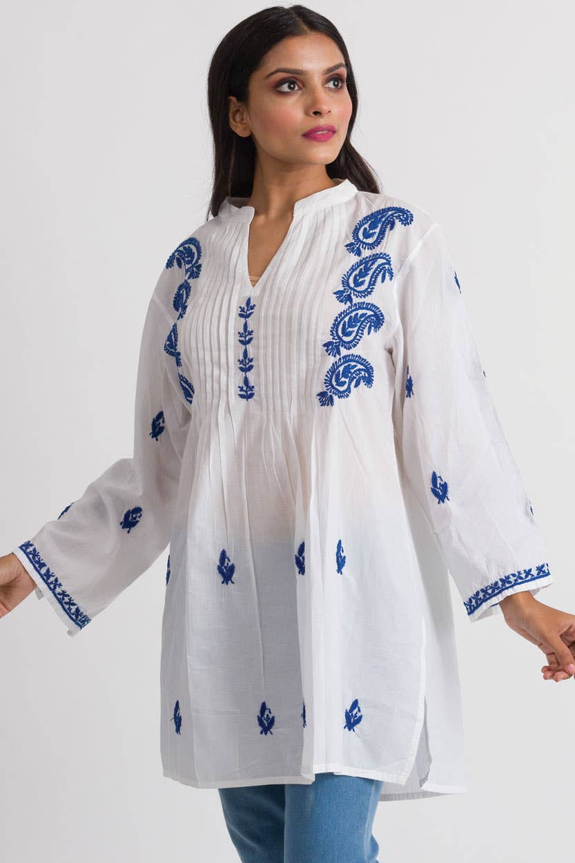 Kamalika Hand Embroidered Tunics - white/navy
