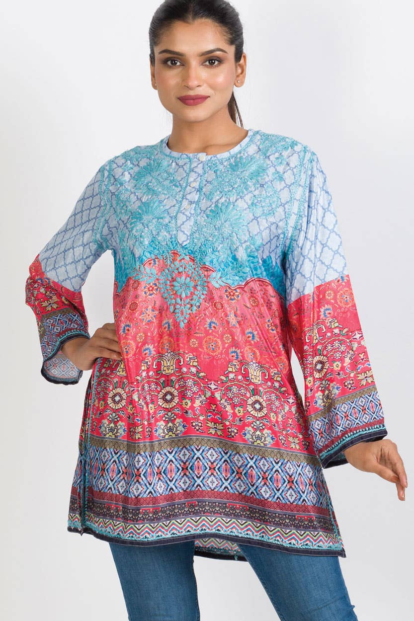 Deena Embroidered Tunic: Aqua & Melon / XL