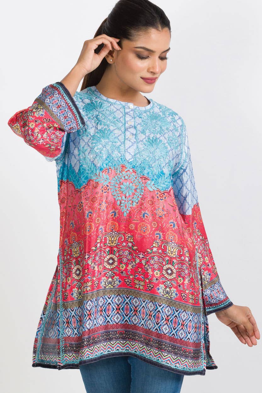 Deena Embroidered Tunic: Steel Blue Multi / XL