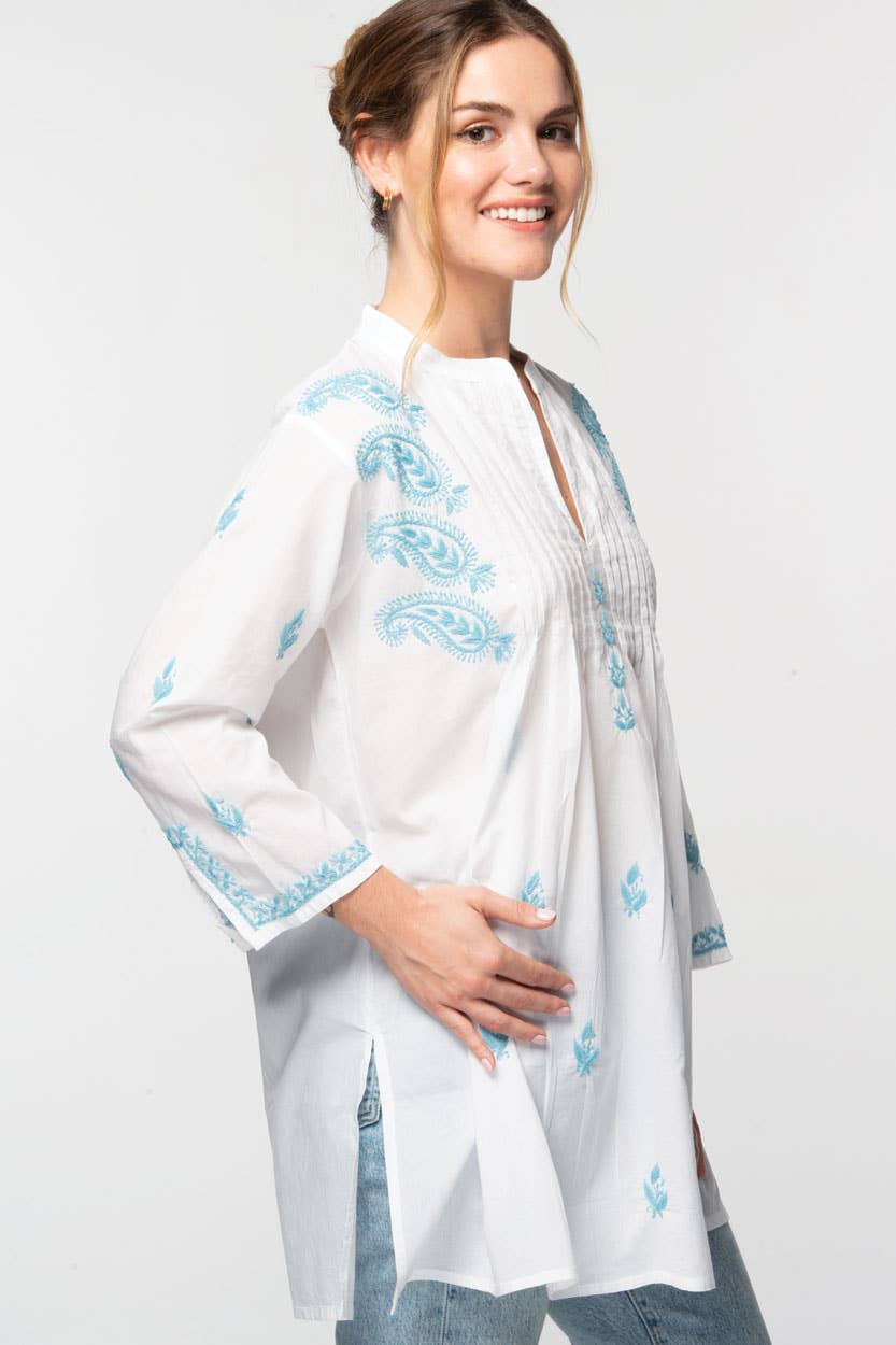 Kamalika Hand Embroidered Tunics - white/navy