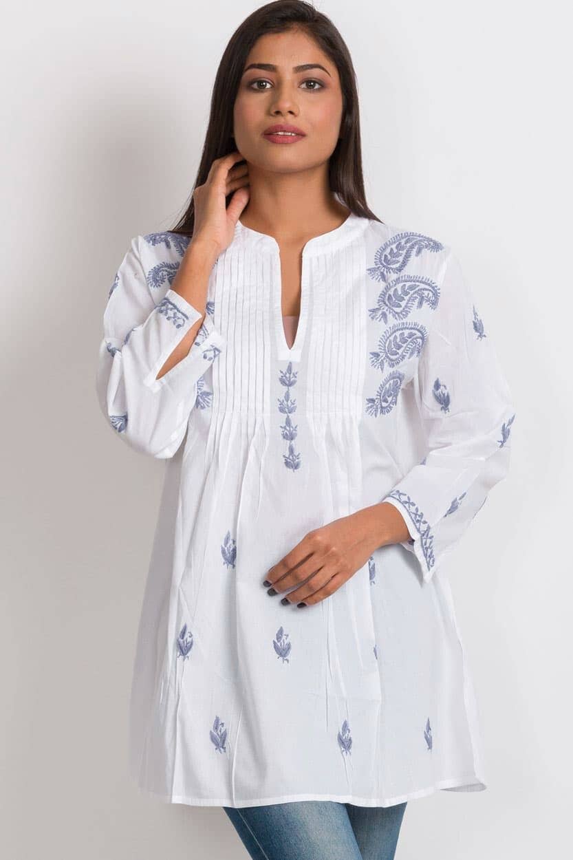 Kamalika Hand Embroidered Tunics - white/navy