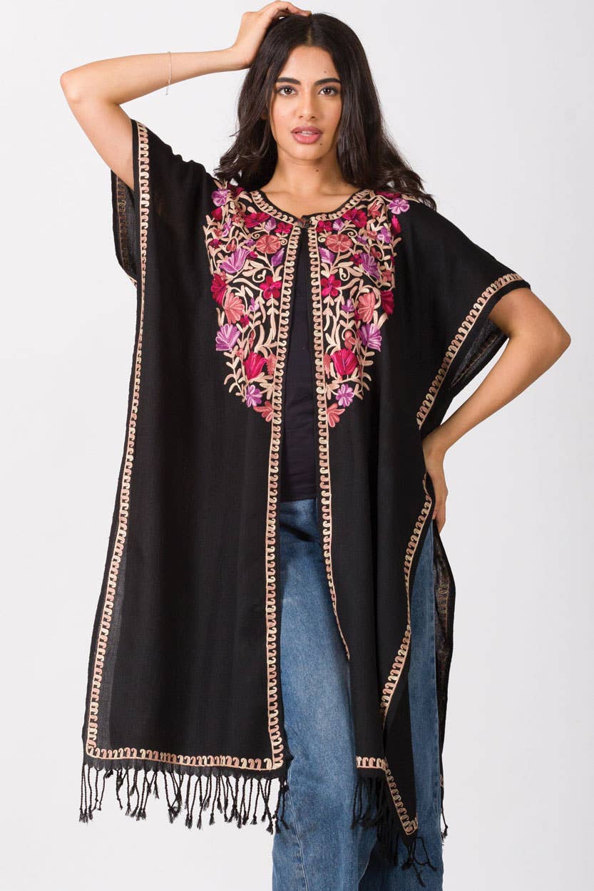 Taisha Embroidered Caftan: Black with Rose & Lilac