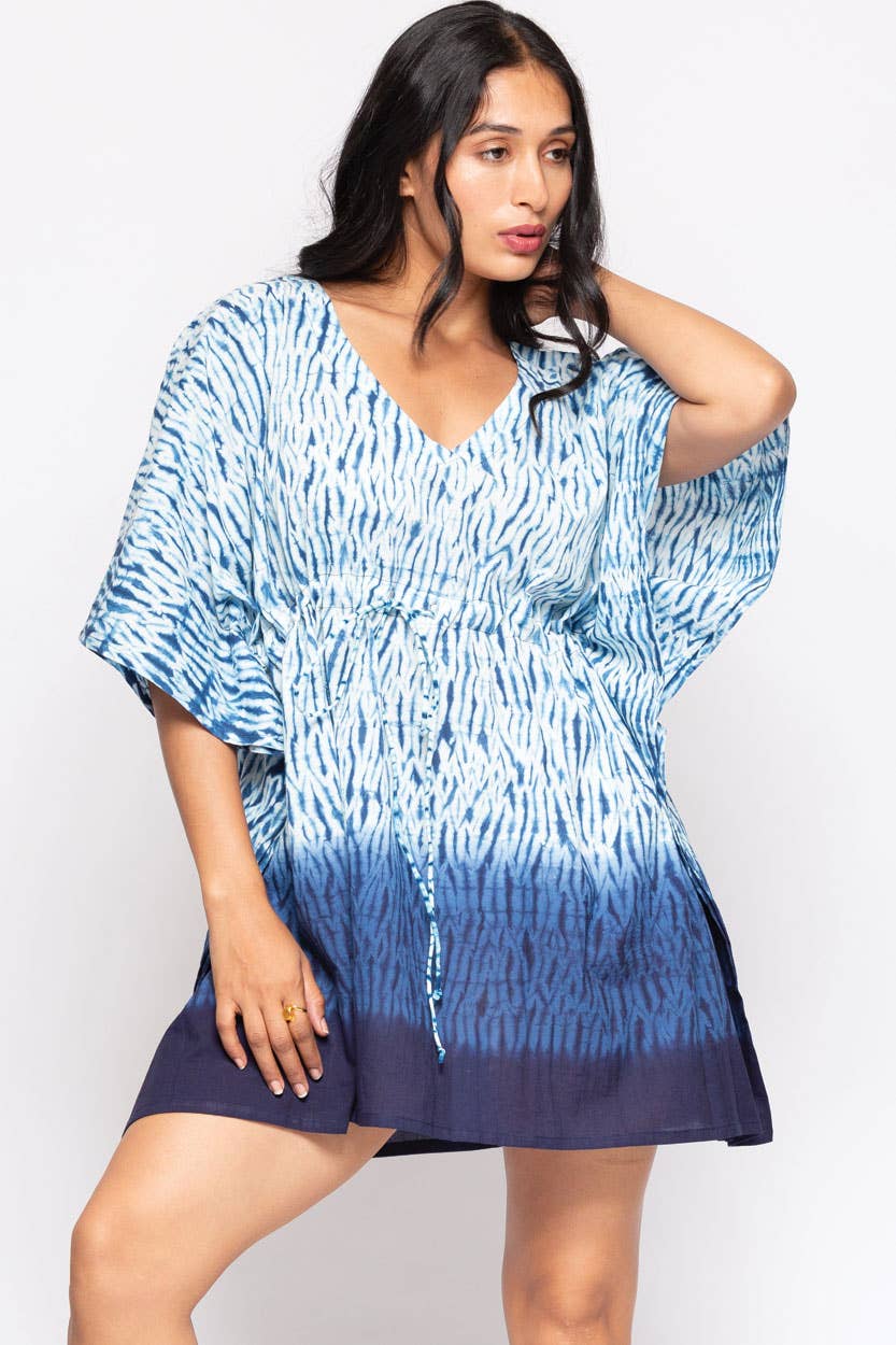 Shibori Cotton Caftan Tops : Blue & White