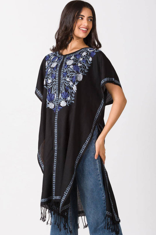Taisha Embroidered Caftan: Black with Blue Embroidery