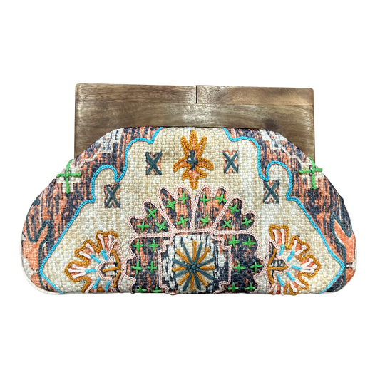 Tapestry Women's Clutch Bag with Wooden Handle