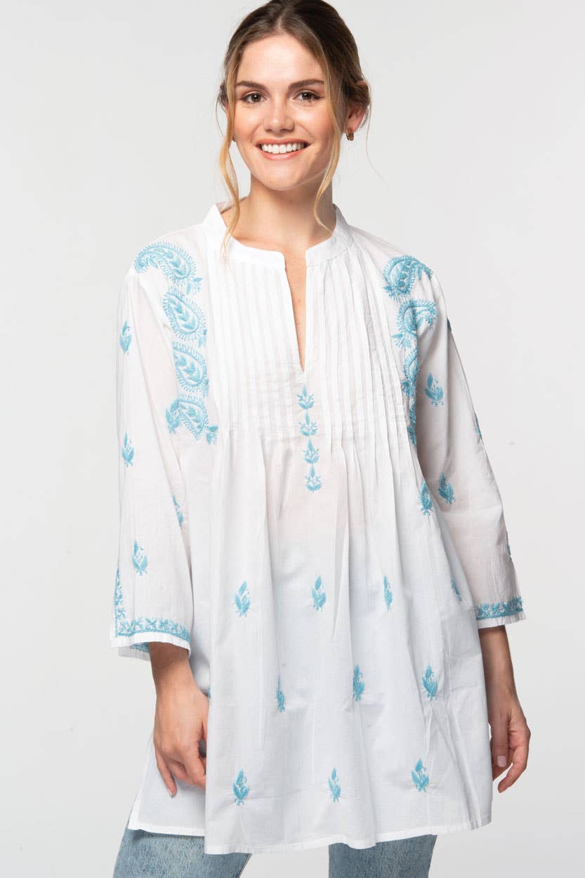 Kamalika Hand Embroidered Tunics - white/navy