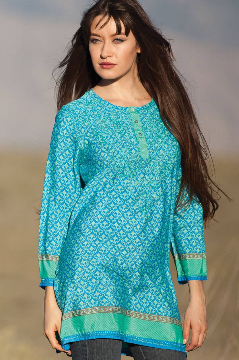 Deena Embroidered Tunic: Steel Blue Multi / XL