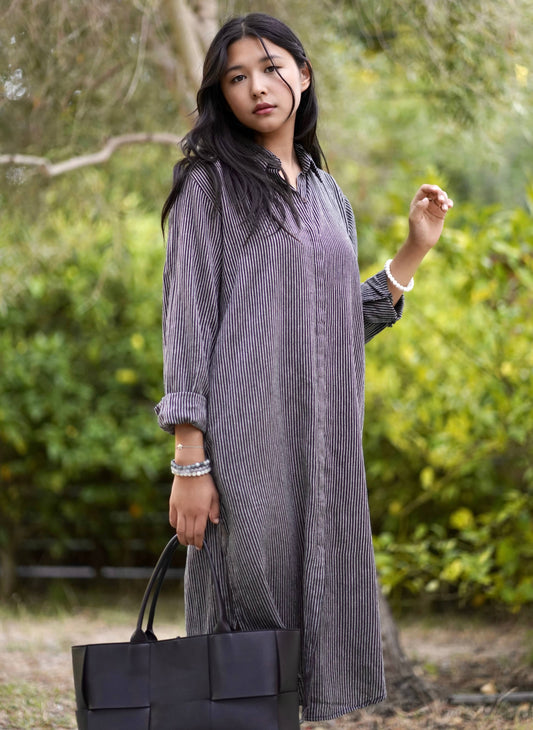 Chloe Pinstripe Shirt Dress Black Grey : Black Grey / L/XL