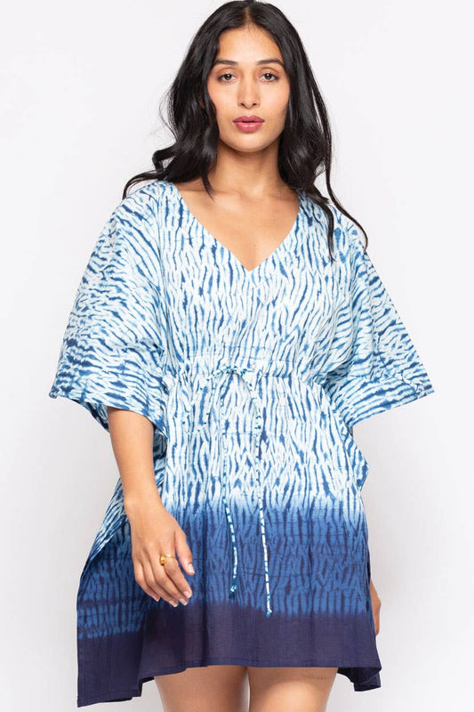 Shibori Cotton Caftan Tops : Blue & White