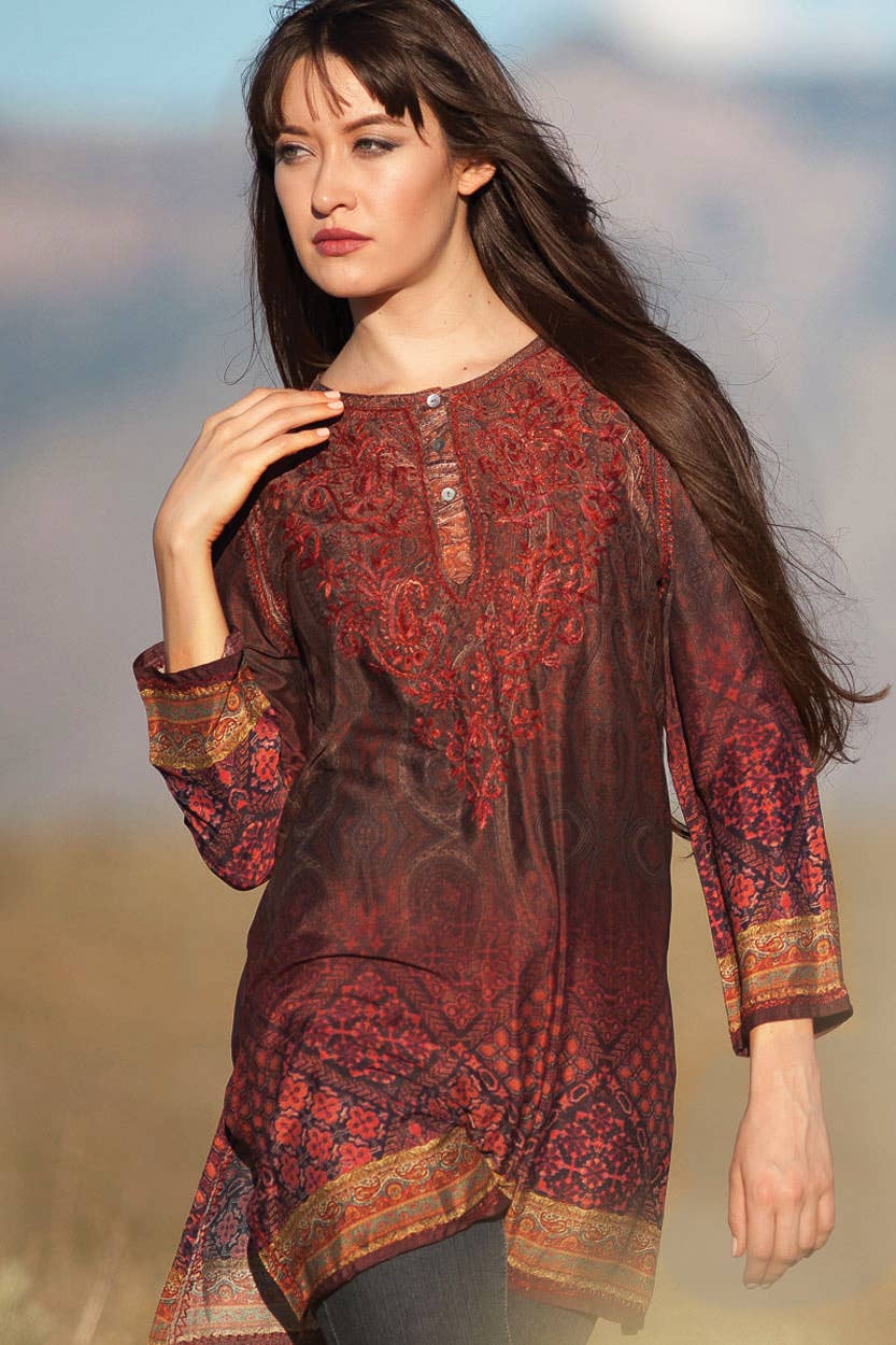 Deena Embroidered Tunic: Steel Blue Multi / XL