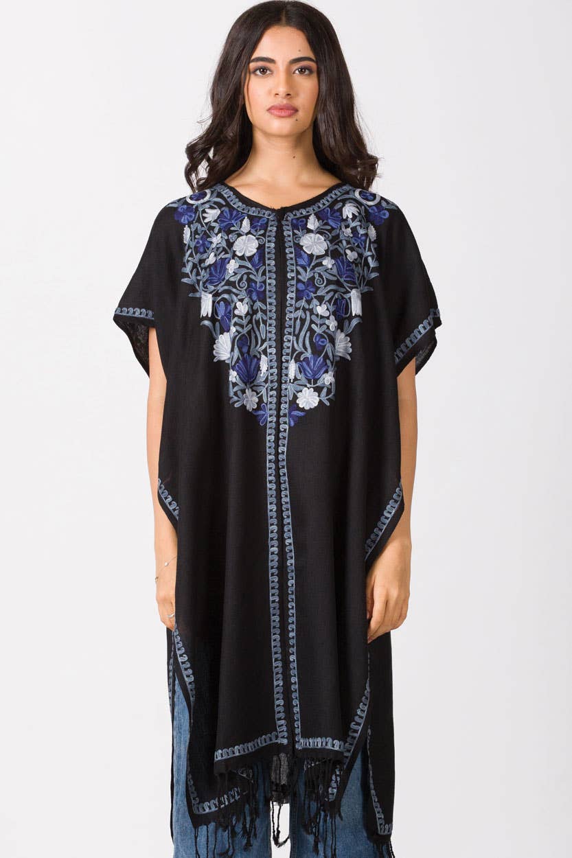 Taisha Embroidered Caftan: Black with Rose & Lilac