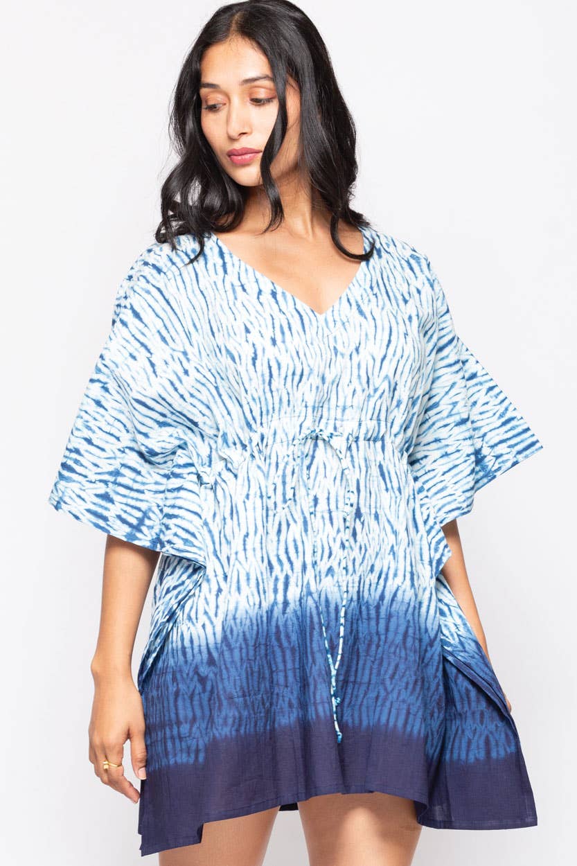 Shibori Cotton Caftan Tops : Blue & White