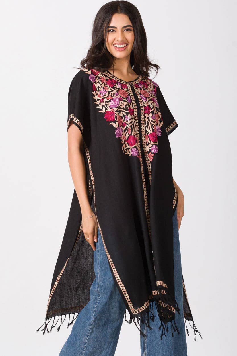 Taisha Embroidered Caftan: Black with Rose & Lilac