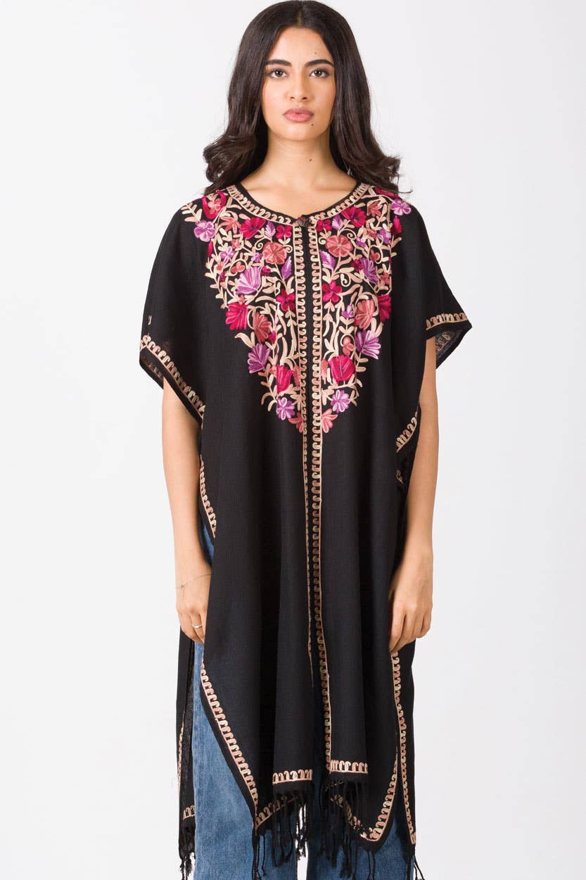 Taisha Embroidered Caftan: Black with Rose & Lilac