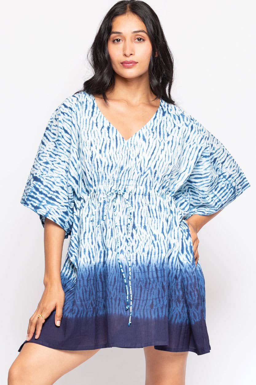 Shibori Cotton Caftan Tops : Blue & White