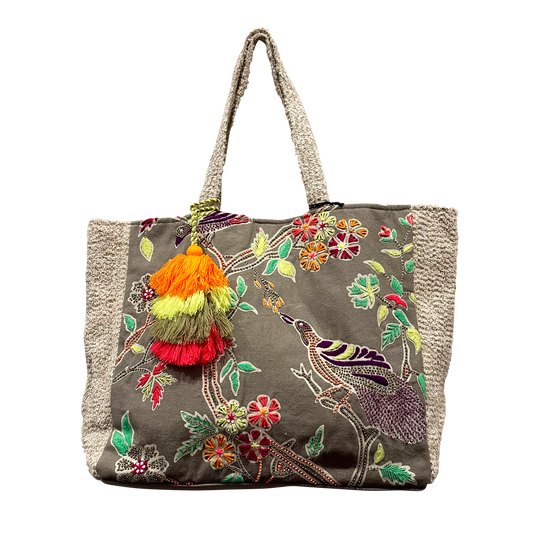 Embroidered Birds on Cotton Tote Bag