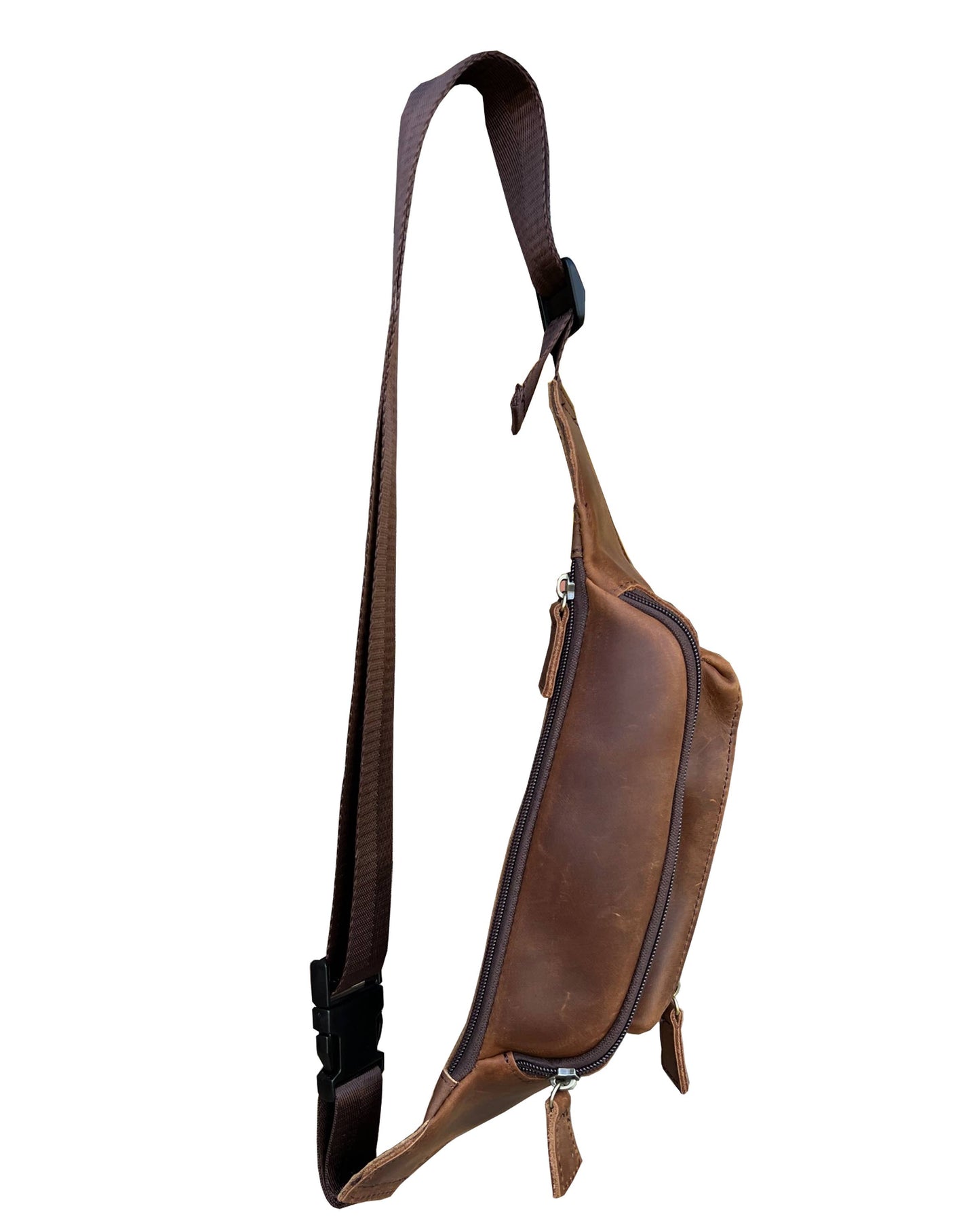 W021 crazy horse genuine leather fanny pack sling bag: Light Brown