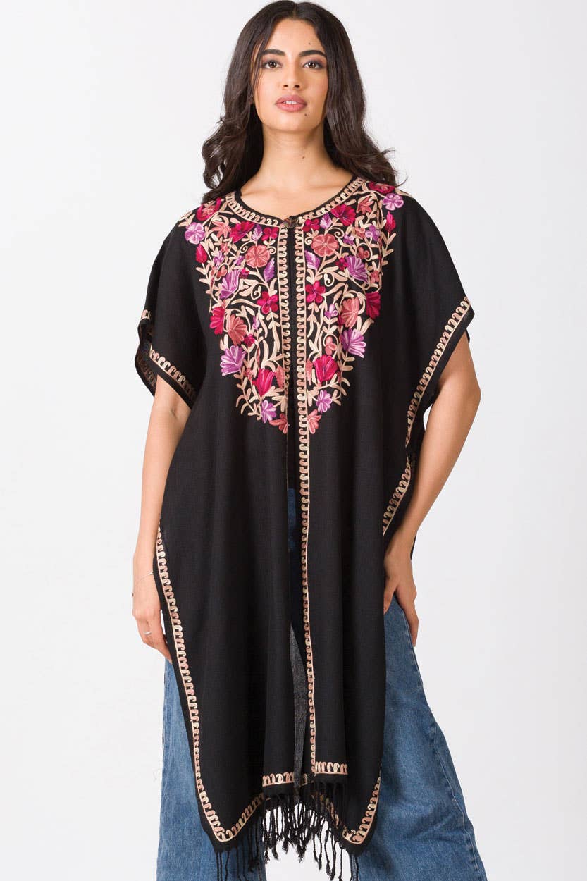 Taisha Embroidered Caftan: Black with Rose & Lilac