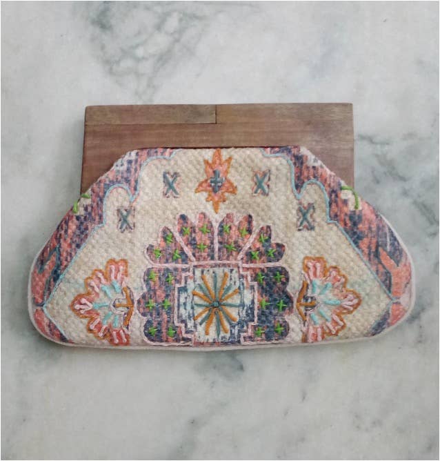 Tapestry Women's Clutch Bag with Wooden Handle