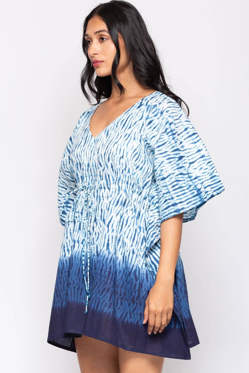 Shibori Cotton Caftan Tops : Blue & White