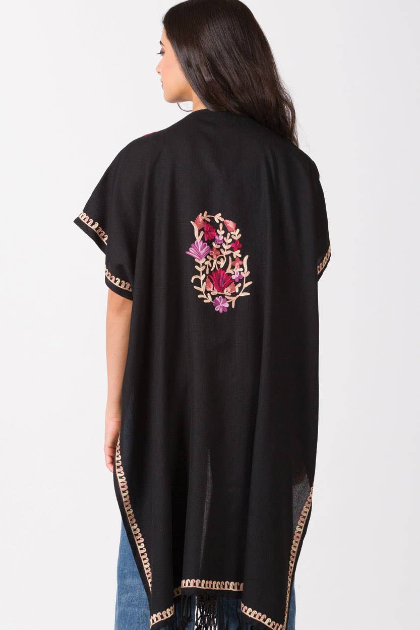 Taisha Embroidered Caftan: Black with Rose & Lilac
