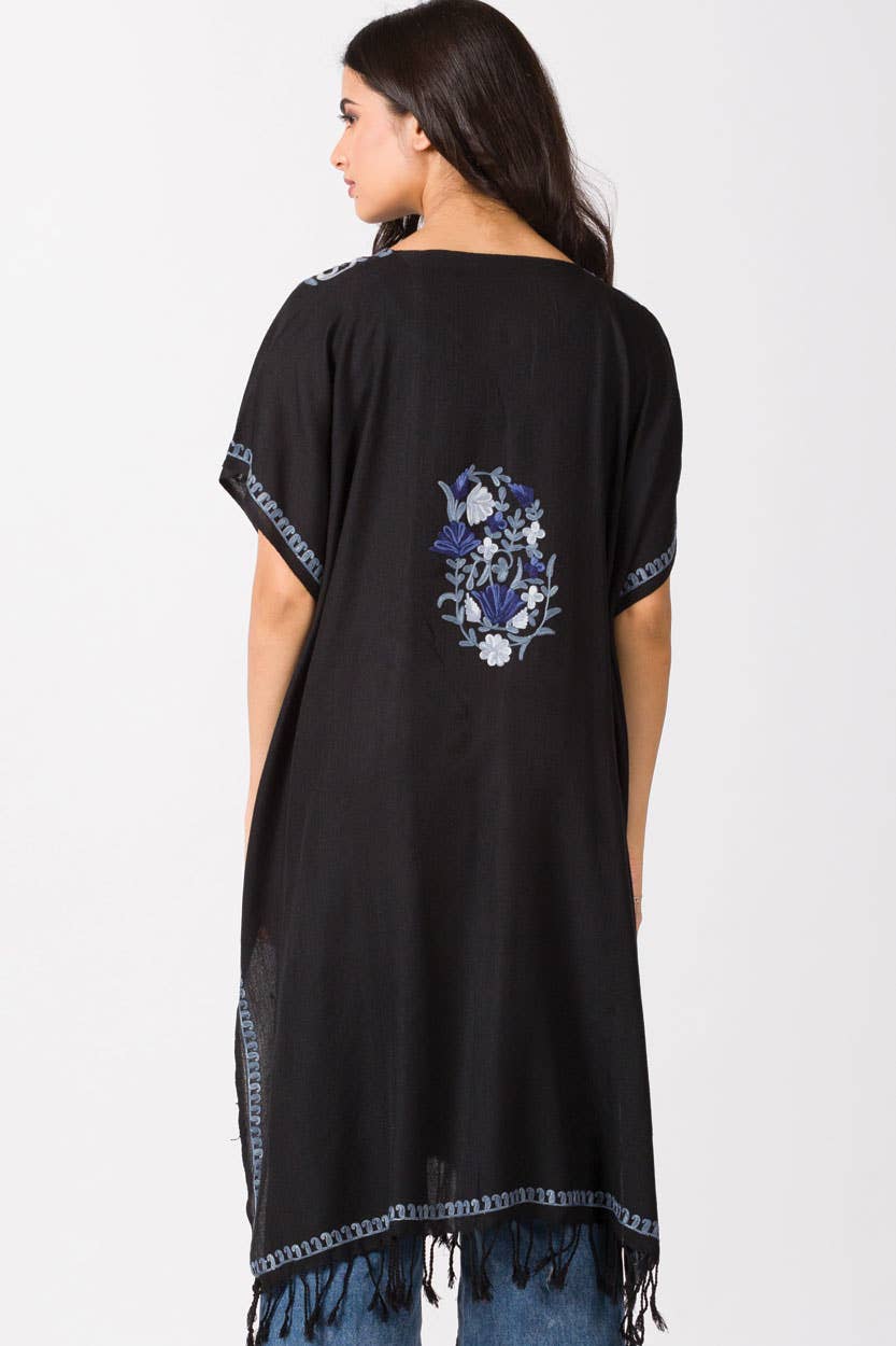 Taisha Embroidered Caftan: Black with Rose & Lilac