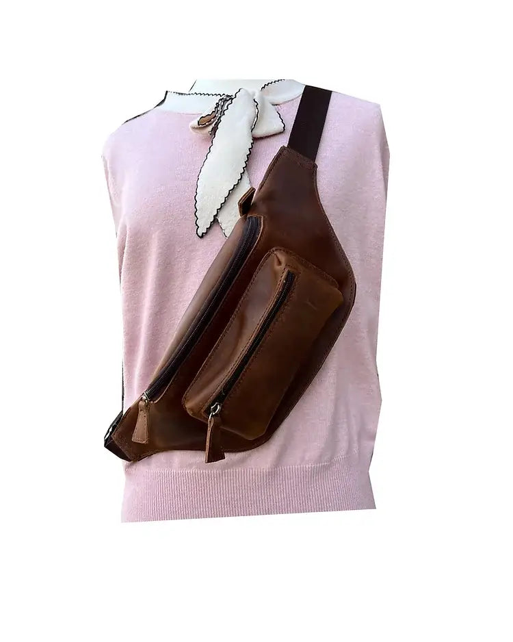 W021 crazy horse genuine leather fanny pack sling bag: Light Brown