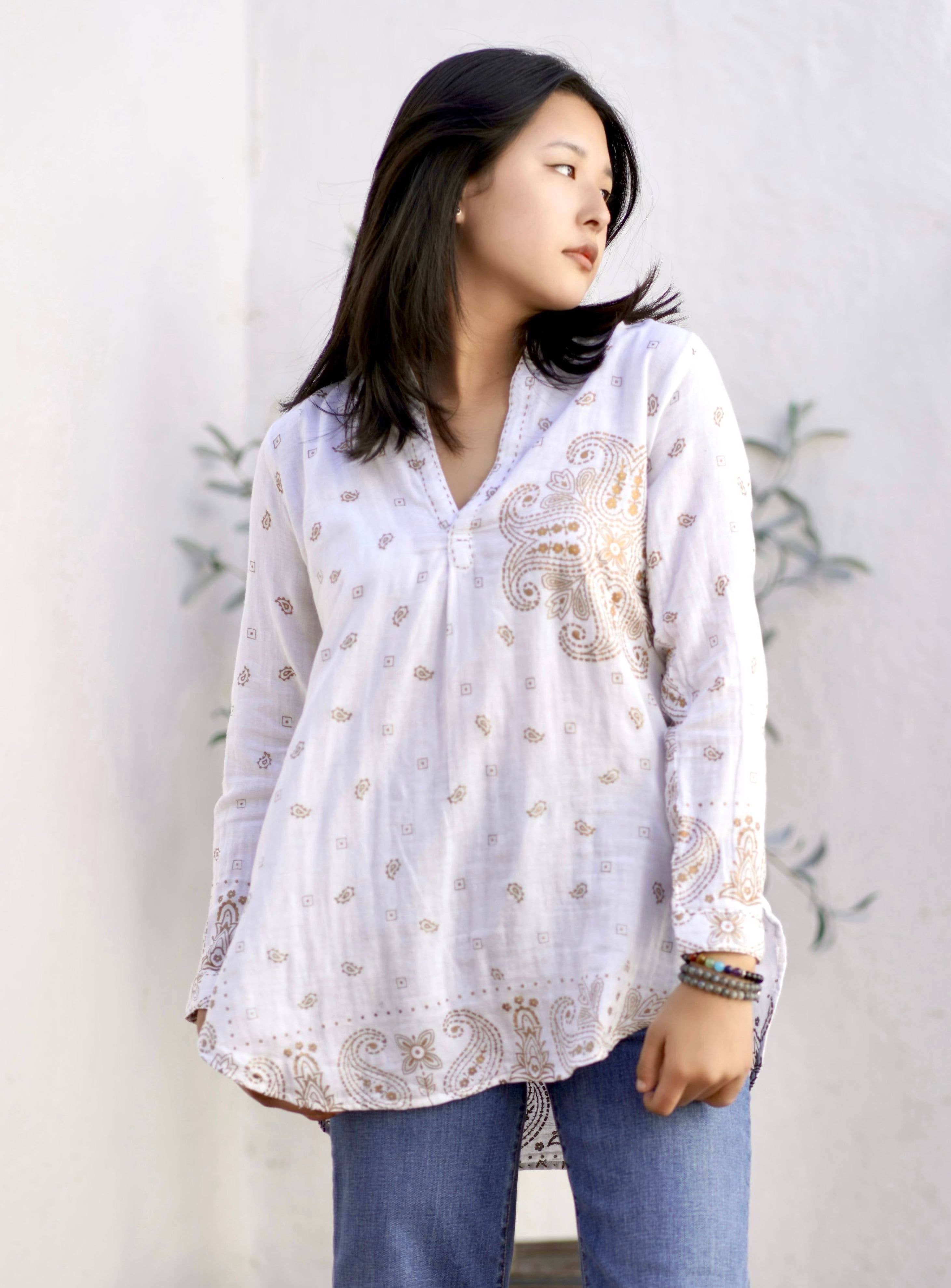 Jemima Double Gauze Block Printed Top Gold White