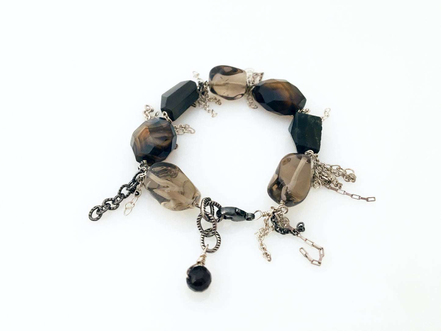 Smokey Topaz, Moon Stone, Sterling Silver & Agate Bracelet