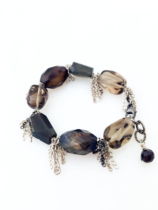 Smokey Topaz, Moon Stone, Sterling Silver & Agate Bracelet